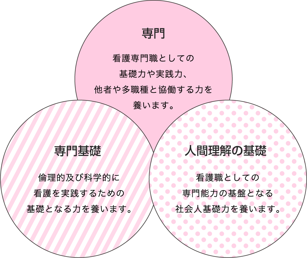 専門：看護専門職としての基礎力や実践力、他者や多職種と協働する力を養います。専門基準：倫理的及び科学的に看護を実践するための基礎となる力を養います。人間理解の基準：看護職としての専門能力の基盤となる社会人基礎力を養います。